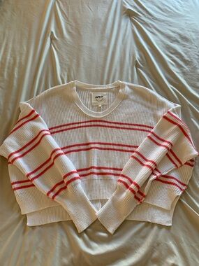aerie White Cropped Crewneck Sweater with Pink Stripes